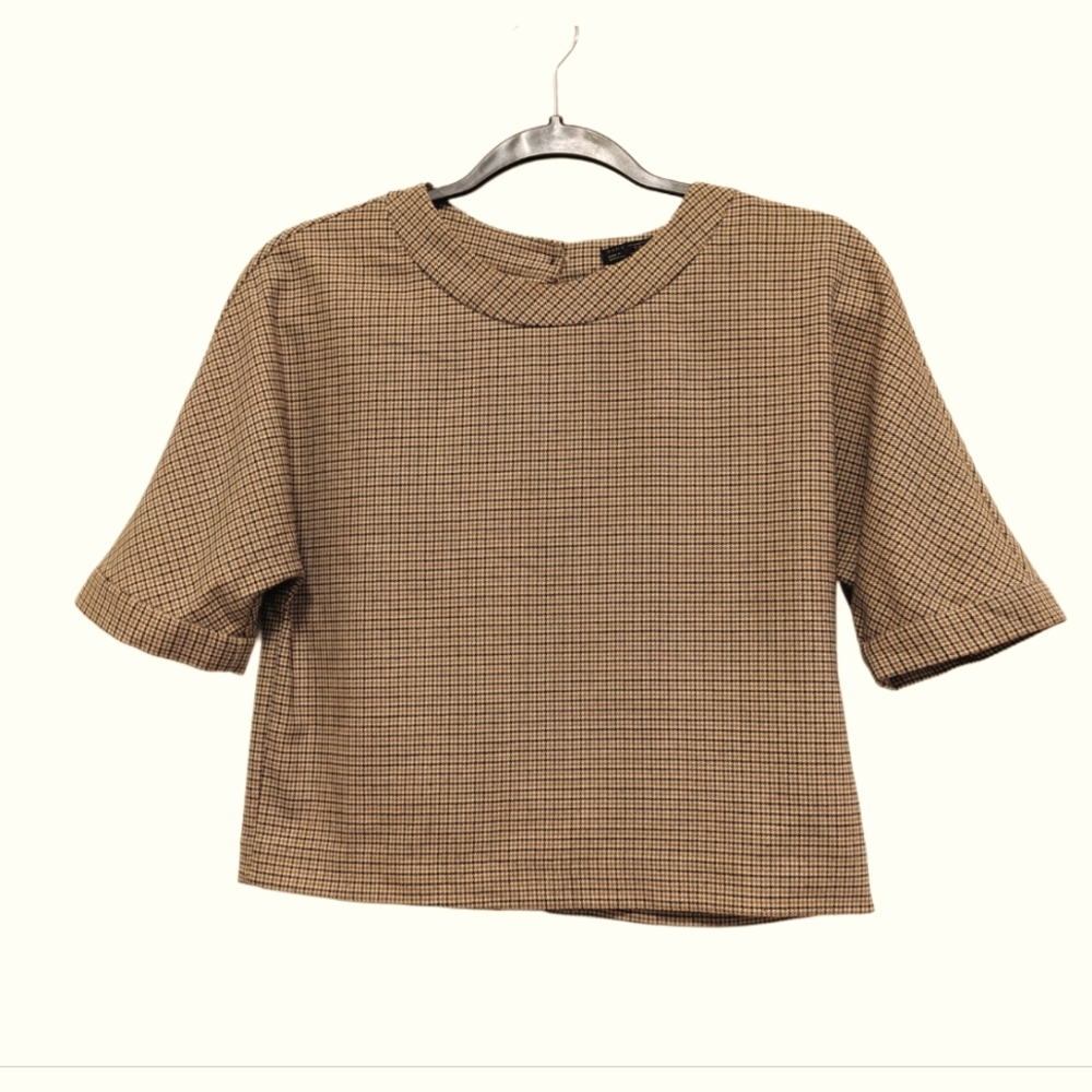 Zara Trafaluc Houndstooth Cropped Button-Down, Brown, Small